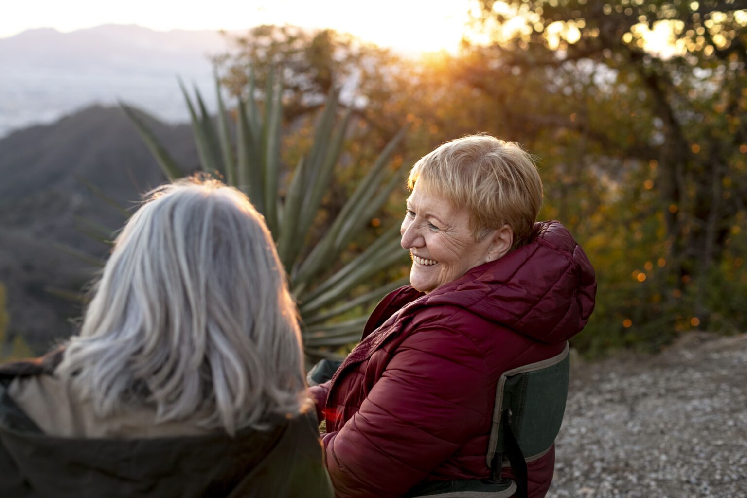 Dos personas mayores disfrutan de las vistas y de la compañía